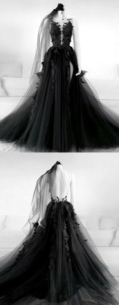 Black v neck tulle lace long prom ...